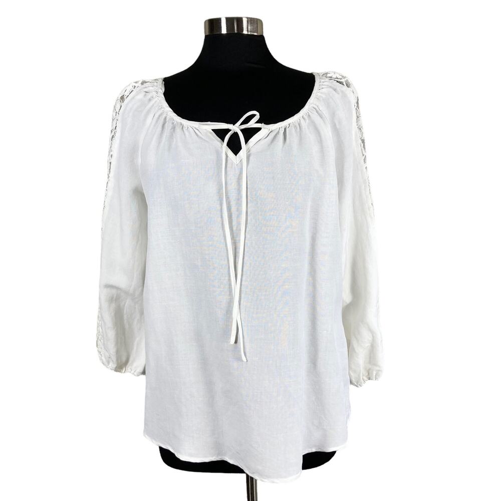 Valerie Stevens White Linen Blend Top Womens LG Lace Insets Cottagecore Prairie